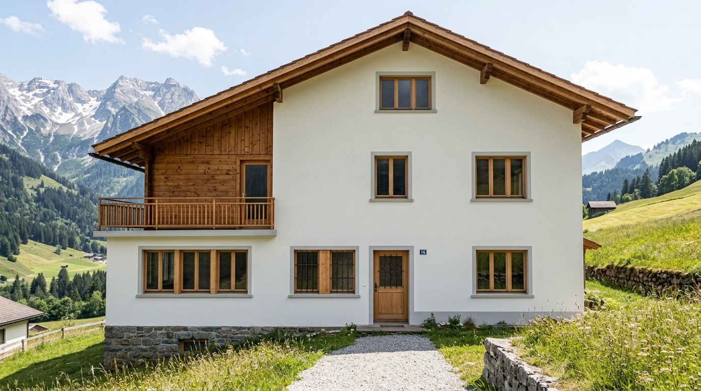 Frisch gestrichene, moderne Vorarlberger Fassade