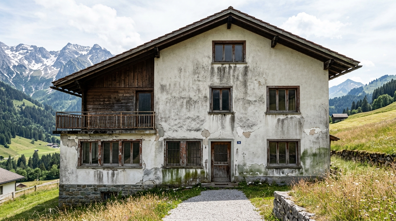 Verwitterte Hausfassade vor der Renovierung